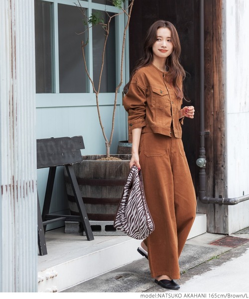 coca（coca）（コカ）の「こなれショート丈！ノーカラーコーデュロイジャケット（ノーカラージャケット・レディース・ブラウン/ベージュ・M/L）」の9枚目の写真