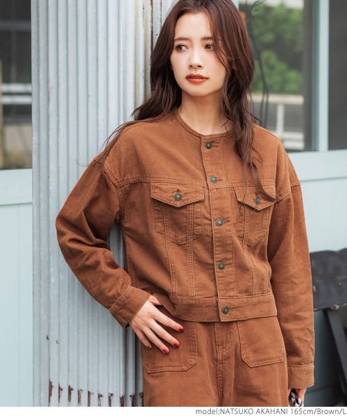 coca（coca）（コカ）の「こなれショート丈！ノーカラーコーデュロイジャケット（ノーカラージャケット・レディース・ブラウン/ベージュ・M/L）」の10枚目の写真