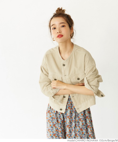 coca（coca）（コカ）の「こなれショート丈！ノーカラーコーデュロイジャケット（ノーカラージャケット・レディース・ブラウン/ベージュ・M/L）」の17枚目の写真