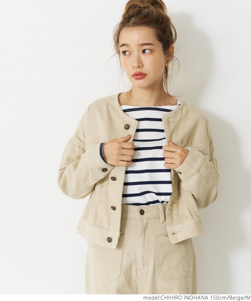 coca（coca）（コカ）の「こなれショート丈！ノーカラーコーデュロイジャケット（ノーカラージャケット・レディース・ブラウン/ベージュ・M/L）」の18枚目の写真