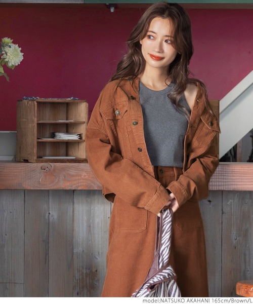 coca（coca）（コカ）の「こなれショート丈！ノーカラーコーデュロイジャケット（ノーカラージャケット・レディース・ブラウン/ベージュ・M/L）」の6枚目の写真