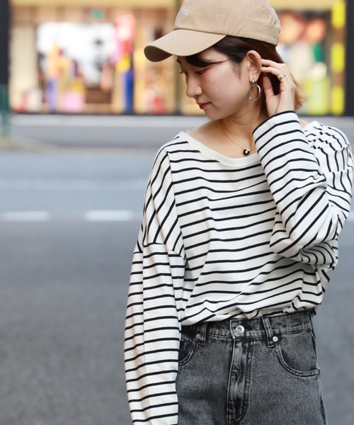 HONEYSUCKLE ROSE（ハニーサックルローズ）の「【HONEYSUCKLE ROSE】ボーダークルーロンＴ（Tシャツ/カットソー・レディース・ホワイト×ネイビー/ホワイト×カーキブラウン・M/S/L）」の22枚目の写真