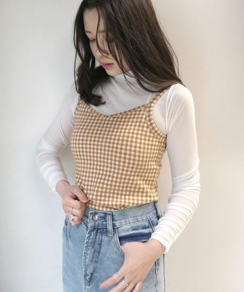 CORNERS(コーナーズ)の「ギンガムチェックバックリボンキャミ(キャミソール・レディース・ライトブルー/ライトグリーン/ブラック/キャメル・M)」の4枚目の写真