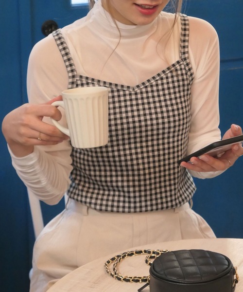 CORNERS(コーナーズ)の「ギンガムチェックバックリボンキャミ(キャミソール・レディース・ライトブルー/ライトグリーン/ブラック/キャメル・M)」の13枚目の写真