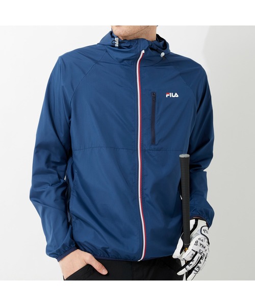 FILA GOLF(フィラゴルフ )の「FILA GOLF/フィラゴルフ ハイネックフード ラグランスリーブ ポケッタブルブルゾン/撥水加工 吸汗速乾 UVカット/ゴルフウェア/メンズ(ブルゾン・メンズ・ブルー/ブラック/ネイビー・LL/M/3L/L)」の5枚目の写真