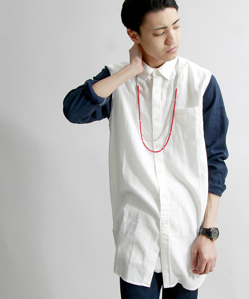 WEGO（ウィゴー）の「WEGO/フレンチリネンMIXロングシャツ（シャツ/ブラウス・メンズ・ホワイト/ホワイト系その他/ネイビー/ブルー系その他・MEDIUM/LARGE）」の4枚目の写真