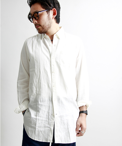 WEGO（ウィゴー）の「WEGO/フレンチリネンMIXロングシャツ（シャツ/ブラウス・メンズ・ホワイト/ホワイト系その他/ネイビー/ブルー系その他・MEDIUM/LARGE）」の2枚目の写真