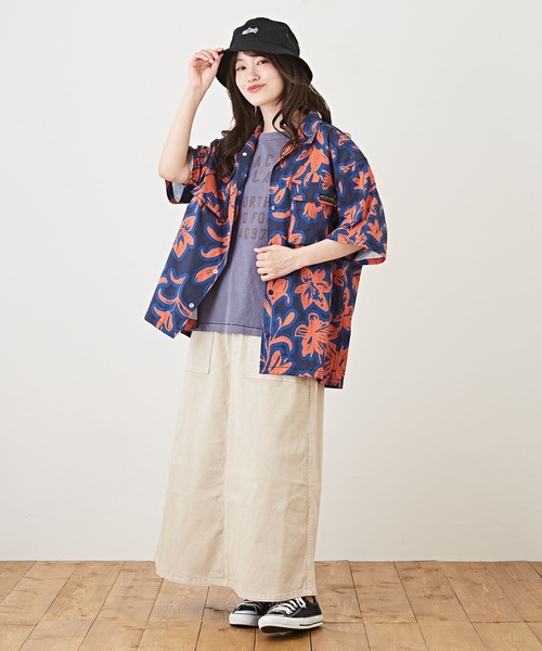 CUBE SUGAR（キューブシュガー）の「アクティブストレッチ総柄アウトドア半袖開襟シャツ（シャツ/ブラウス・レディース・カモフラージュ/オレンジ系その他/ネイビー×ホワイト・M）」の4枚目の写真