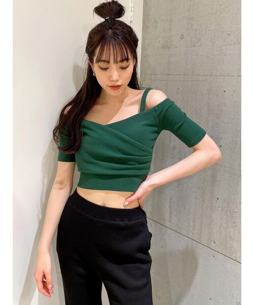 GYDA（ジェイダ）の「ハーフスリーブ2WAYカシュクールデザイントップス（Tシャツ/カットソー・レディース・ブラック/オフホワイト/グリーン・FREE）」の16枚目の写真