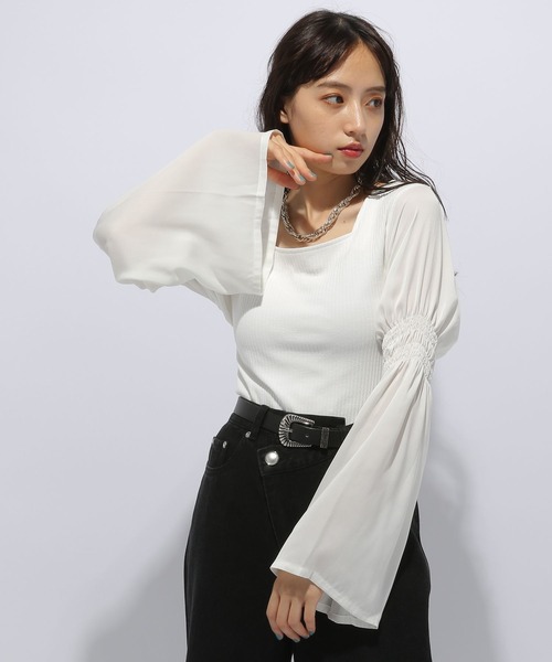 HARE(ハレ)の「2WAYドッキングソデフレアシアーカットソー(HARE)(Tシャツ/カットソー・レディース・ホワイト/ブラック・FREE)」の6枚目の写真