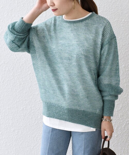 SHIPS(シップス)の「*メッシュモヘヤ×カットソーコンビネーション◆(ニット/セーター・レディース・ブラック/ピンク/グリーン/ナチュラル/ライトパープル・ONE SIZE)」の3枚目の写真