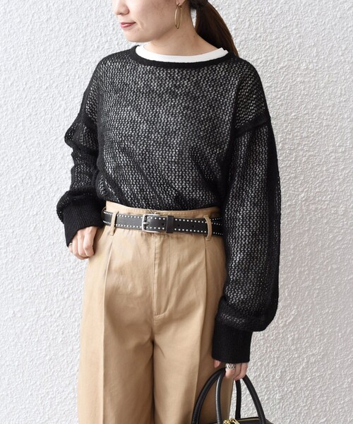 SHIPS(シップス)の「*メッシュモヘヤ×カットソーコンビネーション◆(ニット/セーター・レディース・ブラック/ピンク/グリーン/ナチュラル/ライトパープル・ONE SIZE)」の2枚目の写真