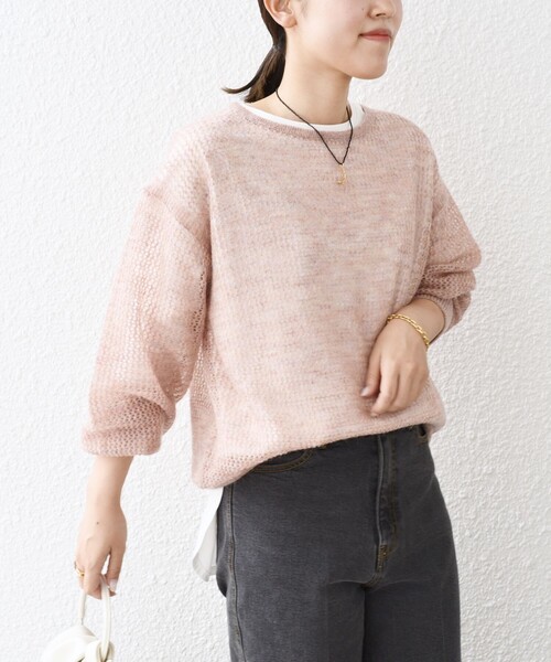 SHIPS(シップス)の「*メッシュモヘヤ×カットソーコンビネーション◆(ニット/セーター・レディース・ブラック/ピンク/グリーン/ナチュラル/ライトパープル・ONE SIZE)」の6枚目の写真