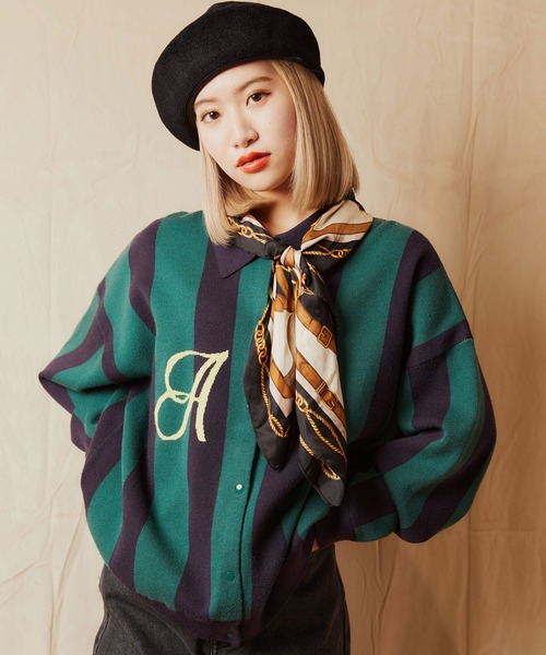 atmos pink(アトモスピンク)の「atmos pink ストライプ 襟付きカーデ / アトモスピンク ストライプ エリツキカーデ(カーディガン/ボレロ・レディース・ブラウン/ネイビー/レッド・FREE)」の3枚目の写真