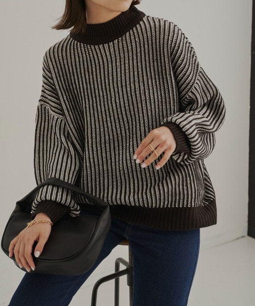 CLEARIMPRESSION （クリアインプレッション）の「バイカラーリブ編みオーバーサイズニット（ニット/セーター・レディース・ブラック/ベージュ/オリーブ・FREE）」の2枚目の写真