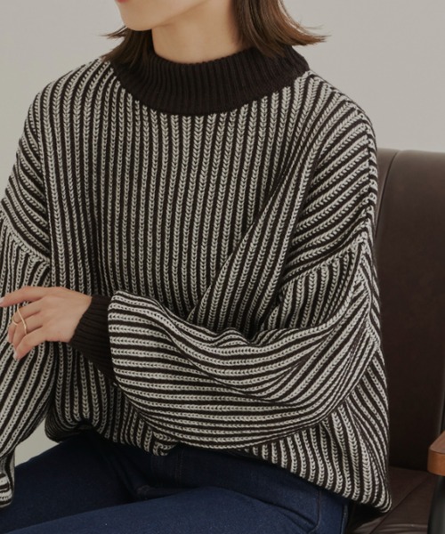 CLEARIMPRESSION （クリアインプレッション）の「バイカラーリブ編みオーバーサイズニット（ニット/セーター・レディース・ブラック/ベージュ/オリーブ・FREE）」の19枚目の写真