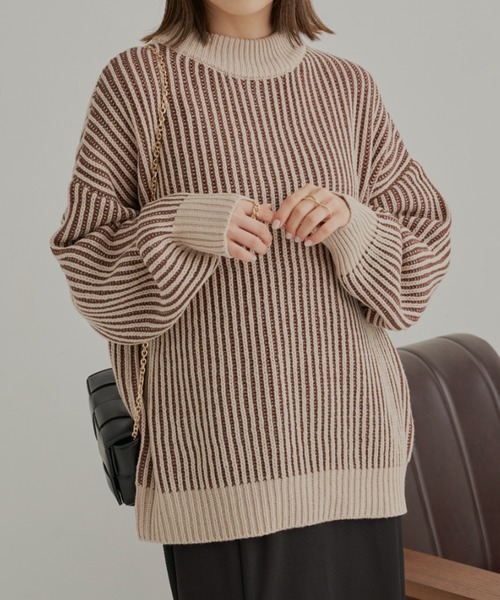 CLEARIMPRESSION （クリアインプレッション）の「バイカラーリブ編みオーバーサイズニット（ニット/セーター・レディース・ブラック/ベージュ/オリーブ・FREE）」の21枚目の写真