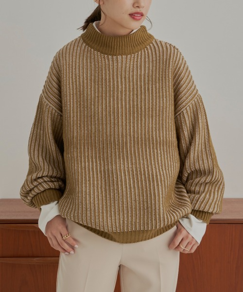 CLEARIMPRESSION （クリアインプレッション）の「バイカラーリブ編みオーバーサイズニット（ニット/セーター・レディース・ブラック/ベージュ/オリーブ・FREE）」の7枚目の写真