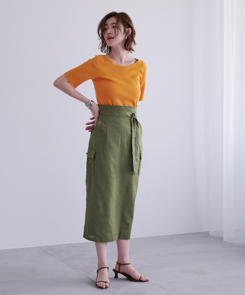 ur'sユアーズ膝丈タイトスカートベージュ リネンライクシガレットタイトスカート | ur's（ユアーズ）