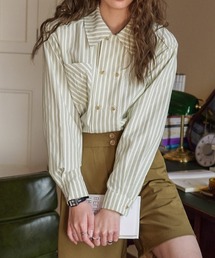 フレンチグリーンダブルブレストストライプシャツ