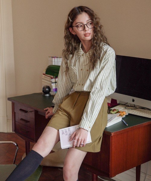 Vipoa（ヴィポア）の「フレンチグリーンダブルブレストストライプシャツ（シャツ/ブラウス・レディース・グリーン・FREE）」の7枚目の写真