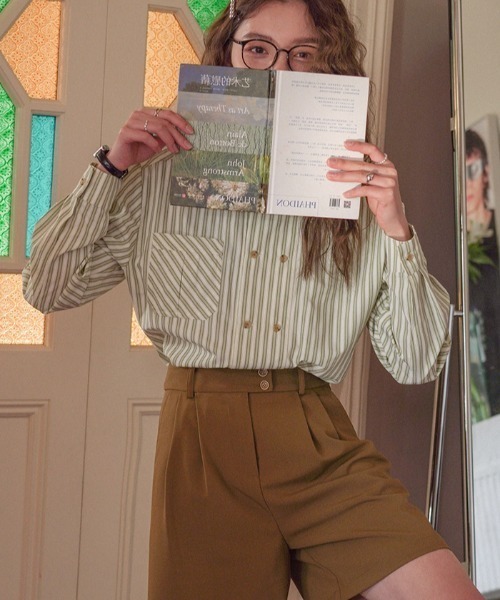 Vipoa（ヴィポア）の「フレンチグリーンダブルブレストストライプシャツ（シャツ/ブラウス・レディース・グリーン・FREE）」の14枚目の写真