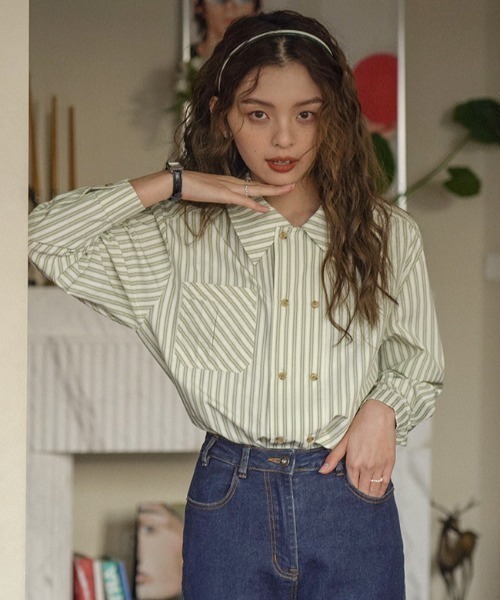 Vipoa（ヴィポア）の「フレンチグリーンダブルブレストストライプシャツ（シャツ/ブラウス・レディース・グリーン・FREE）」の19枚目の写真