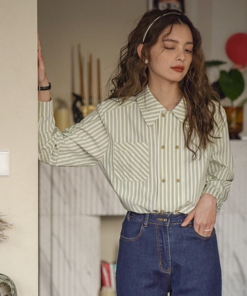Vipoa（ヴィポア）の「フレンチグリーンダブルブレストストライプシャツ（シャツ/ブラウス・レディース・グリーン・FREE）」の20枚目の写真