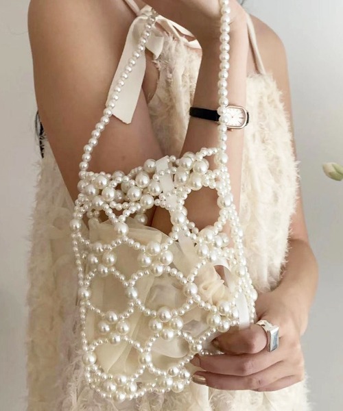 florist（フローリスト）の「【シフォンポーチ付】ビーズ or パール編みハンドバッグ（ハンドバッグ・レディース・ホワイト/ブラック/シルバー/クリア・FREE）」の2枚目の写真