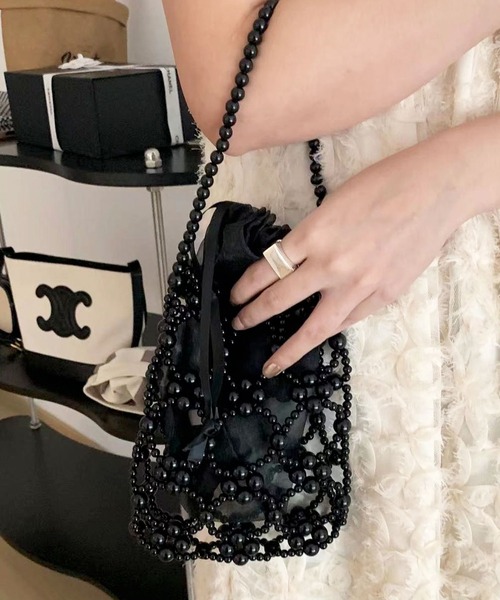 florist（フローリスト）の「【シフォンポーチ付】ビーズ or パール編みハンドバッグ（ハンドバッグ・レディース・ホワイト/ブラック/シルバー/クリア・FREE）」の3枚目の写真