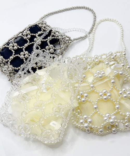 florist（フローリスト）の「【シフォンポーチ付】ビーズ or パール編みハンドバッグ（ハンドバッグ・レディース・ホワイト/ブラック/シルバー/クリア・FREE）」の5枚目の写真