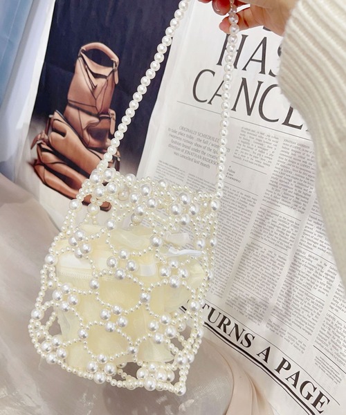 florist（フローリスト）の「【シフォンポーチ付】ビーズ or パール編みハンドバッグ（ハンドバッグ・レディース・ホワイト/ブラック/シルバー/クリア・FREE）」の6枚目の写真