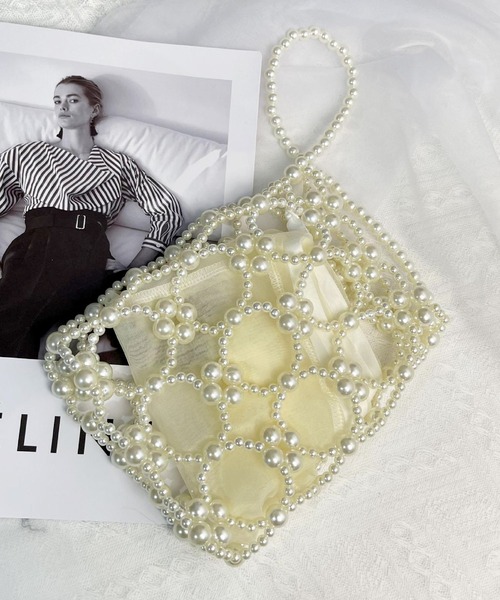 florist（フローリスト）の「【シフォンポーチ付】ビーズ or パール編みハンドバッグ（ハンドバッグ・レディース・ホワイト/ブラック/シルバー/クリア・FREE）」の7枚目の写真