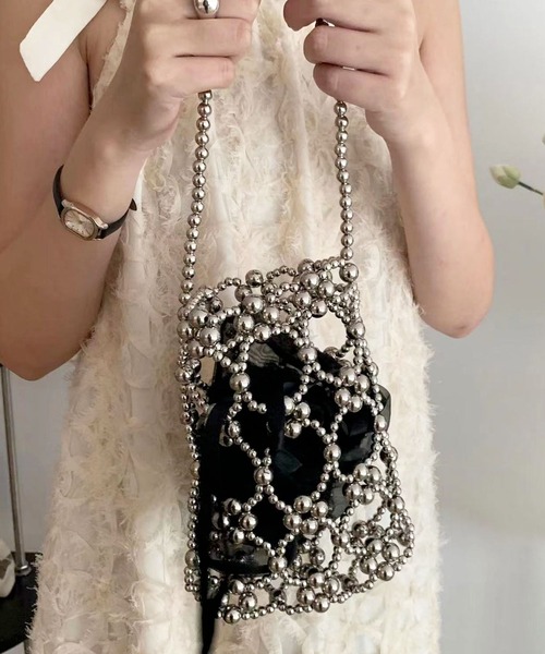 florist（フローリスト）の「【シフォンポーチ付】ビーズ or パール編みハンドバッグ（ハンドバッグ・レディース・ホワイト/ブラック/シルバー/クリア・FREE）」の9枚目の写真