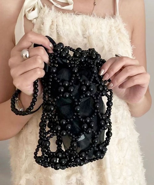 florist（フローリスト）の「【シフォンポーチ付】ビーズ or パール編みハンドバッグ（ハンドバッグ・レディース・ホワイト/ブラック/シルバー/クリア・FREE）」の10枚目の写真