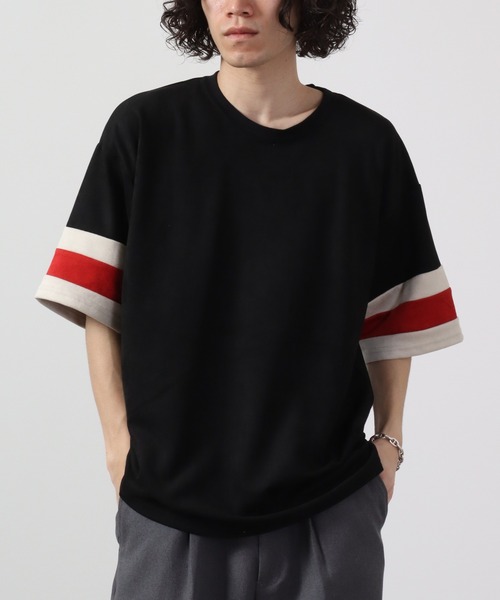 ATELANE（アテレーン）の「ビッグシルエットフェイクスウェード切替半袖Tシャツ（Tシャツ/カットソー・メンズ・ブラック/アイボリー/ブラック系・M/L）」の3枚目の写真