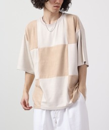 ビッグシルエットフェイクスウェード切替半袖Tシャツ