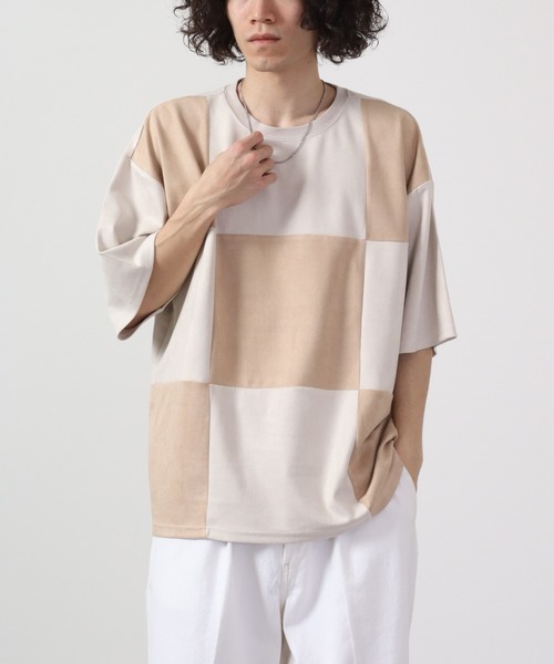 ATELANE（アテレーン）の「ビッグシルエットフェイクスウェード切替半袖Tシャツ（Tシャツ/カットソー・メンズ・ブラック/アイボリー/ブラック系・M/L）」の15枚目の写真
