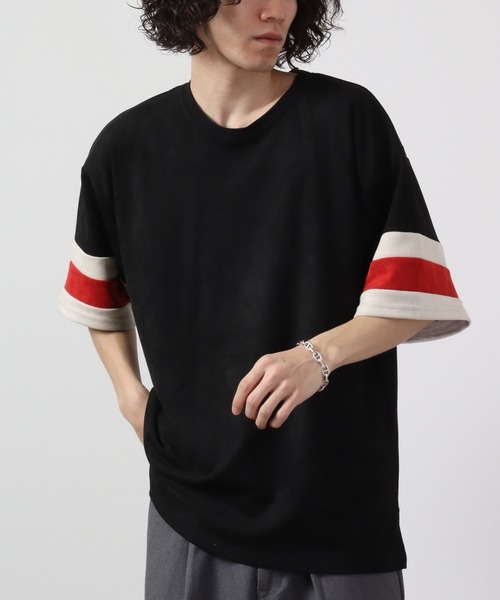 ATELANE（アテレーン）の「ビッグシルエットフェイクスウェード切替半袖Tシャツ（Tシャツ/カットソー・メンズ・ブラック/アイボリー/ブラック系・M/L）」の7枚目の写真