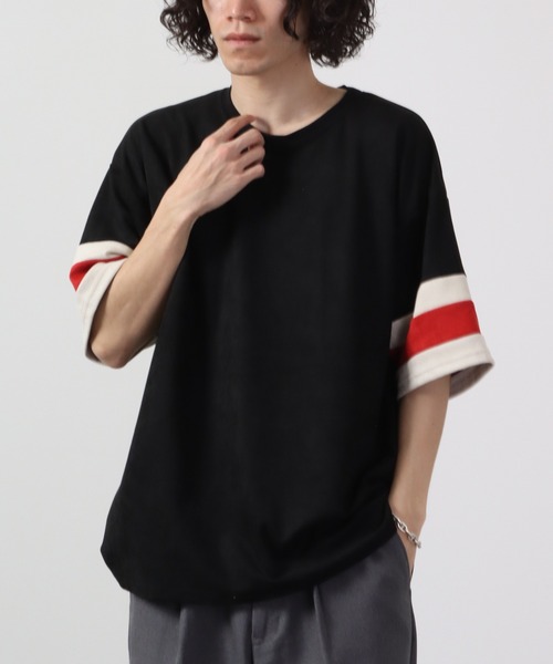 ATELANE（アテレーン）の「ビッグシルエットフェイクスウェード切替半袖Tシャツ（Tシャツ/カットソー・メンズ・ブラック/アイボリー/ブラック系・M/L）」の8枚目の写真