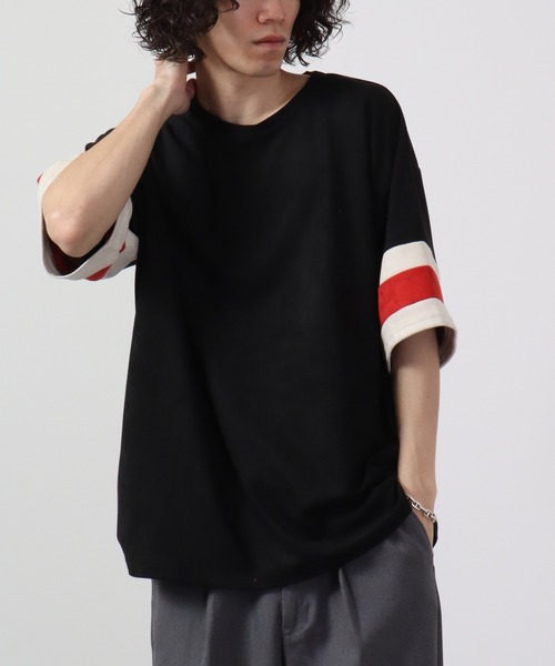 ATELANE（アテレーン）の「ビッグシルエットフェイクスウェード切替半袖Tシャツ（Tシャツ/カットソー・メンズ・ブラック/アイボリー/ブラック系・M/L）」の9枚目の写真