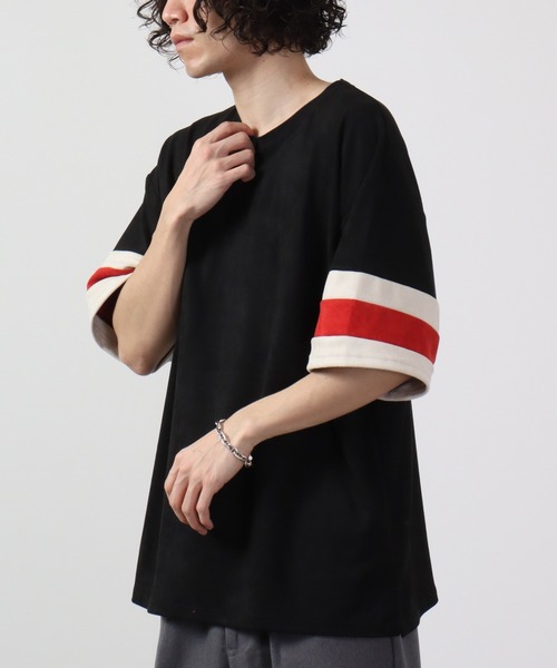 ATELANE（アテレーン）の「ビッグシルエットフェイクスウェード切替半袖Tシャツ（Tシャツ/カットソー・メンズ・ブラック/アイボリー/ブラック系・M/L）」の10枚目の写真