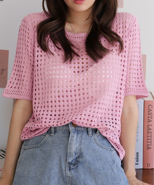 Ulysses(ユリシス)の「クロシェニットサマーニットトップス(Tシャツ/カットソー・レディース・ベージュ/ホワイト/ブラック/グリーン/グレー/ブルー/モカ/オレンジ/パープル/イエロー/ライトブルー/ダークベージュ・F)」の10枚目の写真