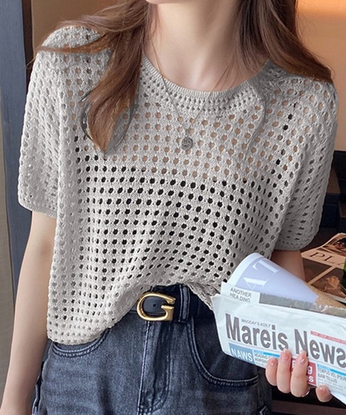 Ulysses(ユリシス)の「クロシェニットサマーニットトップス(Tシャツ/カットソー・レディース・ベージュ/ホワイト/ブラック/グリーン/グレー/ブルー/モカ/オレンジ/パープル/イエロー/ライトブルー/ダークベージュ・F)」の3枚目の写真