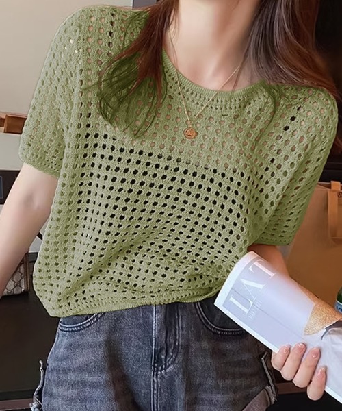 Ulysses(ユリシス)の「クロシェニットサマーニットトップス(Tシャツ/カットソー・レディース・ベージュ/ホワイト/ブラック/グリーン/グレー/ブルー/モカ/オレンジ/パープル/イエロー/ライトブルー/ダークベージュ・F)」の7枚目の写真