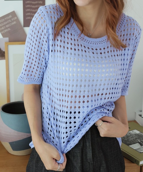 Ulysses(ユリシス)の「クロシェニットサマーニットトップス(Tシャツ/カットソー・レディース・ベージュ/ホワイト/ブラック/グリーン/グレー/ブルー/モカ/オレンジ/パープル/イエロー/ライトブルー/ダークベージュ・F)」の8枚目の写真