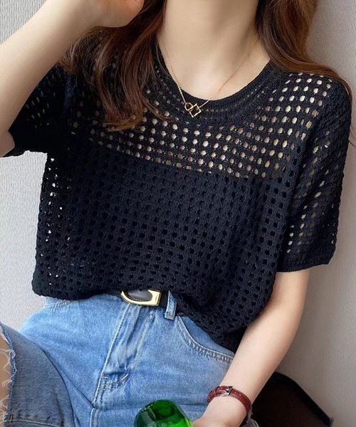 Ulysses(ユリシス)の「クロシェニットサマーニットトップス(Tシャツ/カットソー・レディース・ベージュ/ホワイト/ブラック/グリーン/グレー/ブルー/モカ/オレンジ/パープル/イエロー/ライトブルー/ダークベージュ・F)」の1枚目の写真