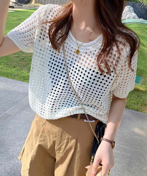 Ulysses(ユリシス)の「クロシェニットサマーニットトップス(Tシャツ/カットソー・レディース・ベージュ/ホワイト/ブラック/グリーン/グレー/ブルー/モカ/オレンジ/パープル/イエロー/ライトブルー/ダークベージュ・F)」の13枚目の写真