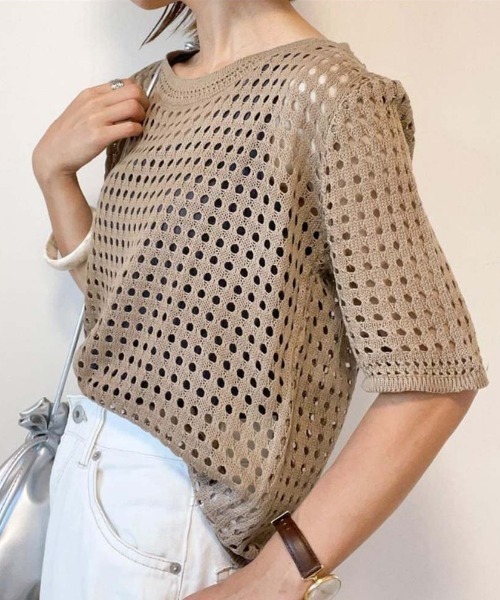 Ulysses(ユリシス)の「クロシェニットサマーニットトップス(Tシャツ/カットソー・レディース・ベージュ/ホワイト/ブラック/グリーン/グレー/ブルー/モカ/オレンジ/パープル/イエロー/ライトブルー/ダークベージュ・F)」の20枚目の写真