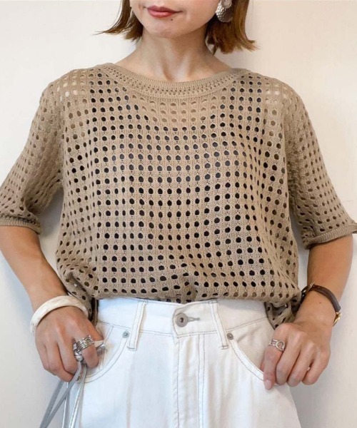 Ulysses(ユリシス)の「クロシェニットサマーニットトップス(Tシャツ/カットソー・レディース・ベージュ/ホワイト/ブラック/グリーン/グレー/ブルー/モカ/オレンジ/パープル/イエロー/ライトブルー/ダークベージュ・F)」の21枚目の写真